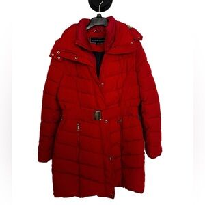 Tommy Hilfiger Belted Faux Fur Trim Hooded Long Puffer Coat